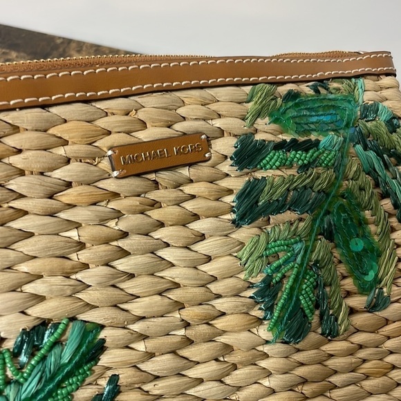 Michael Kors 🏝 MALIBU STRAW ZIP CLUTCH embroidered palm - Picture 11 of 15